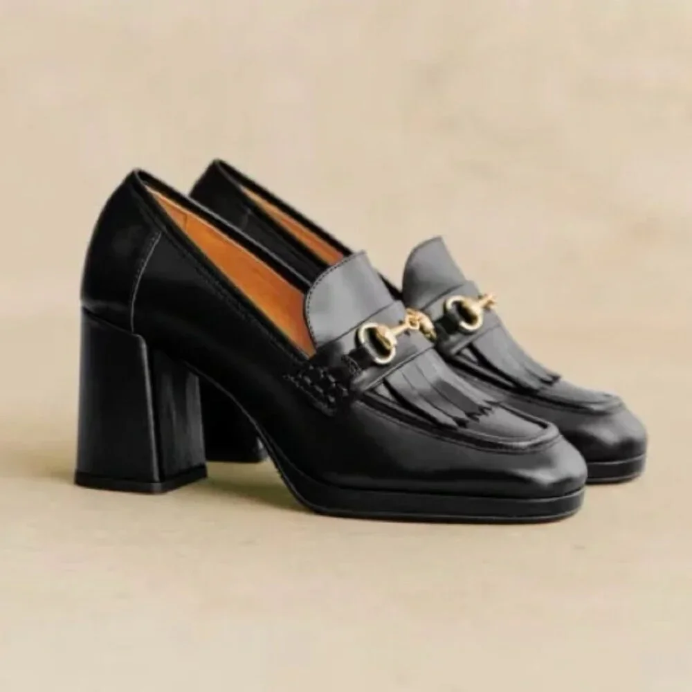 Sézane Black Leather Block Heel Loafers with Gold Hardware